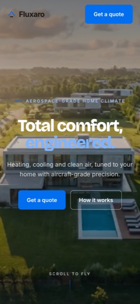 The aerial frame cropped to portrait, the headline stacked to two lines, two buttons above the scroll cue.
