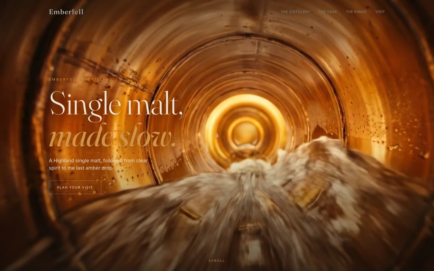 A view from inside an oak cask, down charred amber staves toward a bright ring of light.