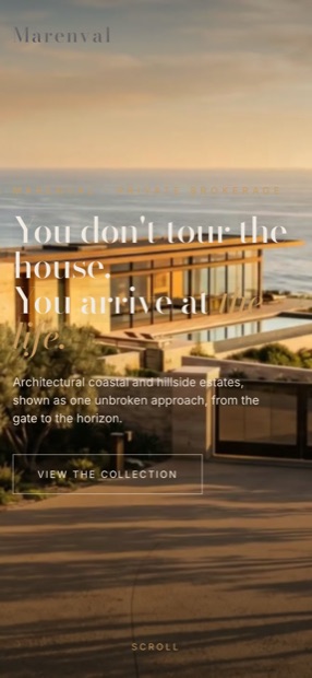 Marenval on a phone: the cliff house photograph fills the screen, the headline wraps to four lines, and the View the collection button sits below it.